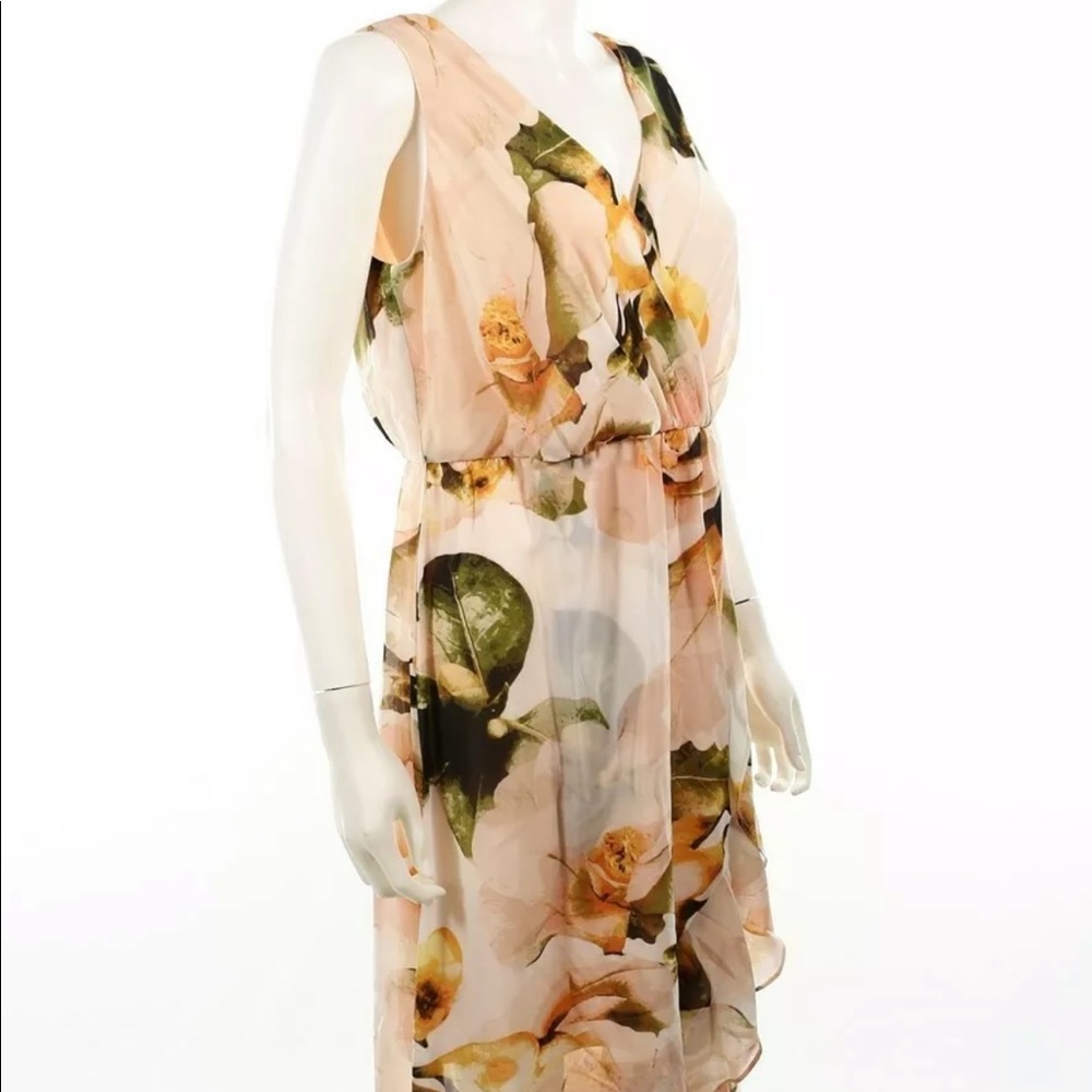 SANGRIA  V-NECK CHIFFON FLORAL MAXI SLEEVELESS DRESS HI LOW